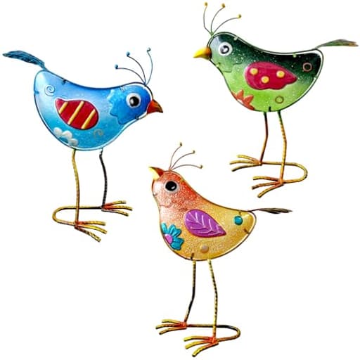 Garden Statues 3-Piece Metal & Glass Bird Figurines Set - Waterproof Outdoor Sculptures, Colorful Bird Garden Decorations Yard Art for Indoor & Outdoor Patio Lawn
