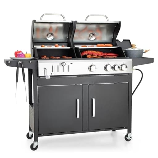 Propane Gas Grill and Charcoal Grill Combo with Side Burner & Porcelain-Enameled Cast Iron Grate, Dual Fuel BBQ Grill for Outdoor Events & Backyard Barbecue, 690 SQIN Cooking Area