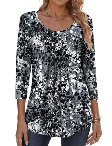 Womens Fall Fashion 2025 3/4 Sleeve Round Neck Floral Ink Dot Tops Pleated Business Work Shirts