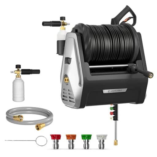 Wall Mounted Pressure Washer G30 with Upgraded 1800W Motor, Max 2900 PSI, 2.2 GPM Electric Power Washer with 100ft Retractable Black Pressure Hose, Automatic Rewind, Light Silver