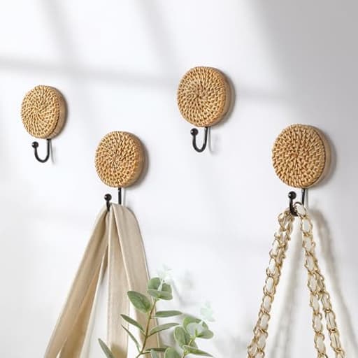 4 Pcs Boho Rattan Wall Towel Hooks Decorative Woven Hanging Holder Farmhouse Coat Rack Hooks Wood Coat Rack Wall Mount Vintage Decorative Hook for Hanging Coats