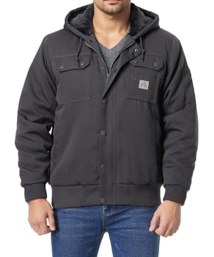 Men's Fit Relaxed Work Coat Fleece Lined Waterproof Workwear Winter Hooded Jacket with Multiple Pockets