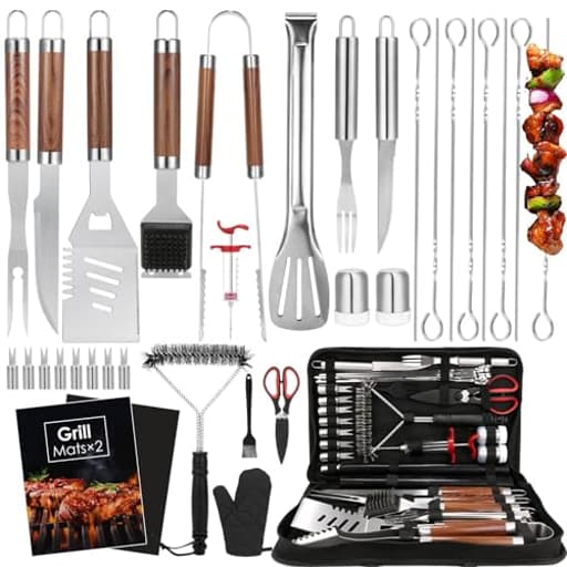 BBQ Grilling Accessories Set, 34Pcs Heavy Duty Grill Tools for Outdoor Camping, Grilling Gifts for Men Dad, Stainless Steel Barbecue Utensils Kit with Mats and Glove in Carrying Bag, Brown