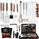 BBQ Grilling Accessories Set, 34Pcs Heavy Duty Grill Tools for Outdoor Camping, Grilling Gifts for Men Dad, Stainless Steel Barbecue Utensils Kit with Mats and Glove in Carrying Bag, Brown