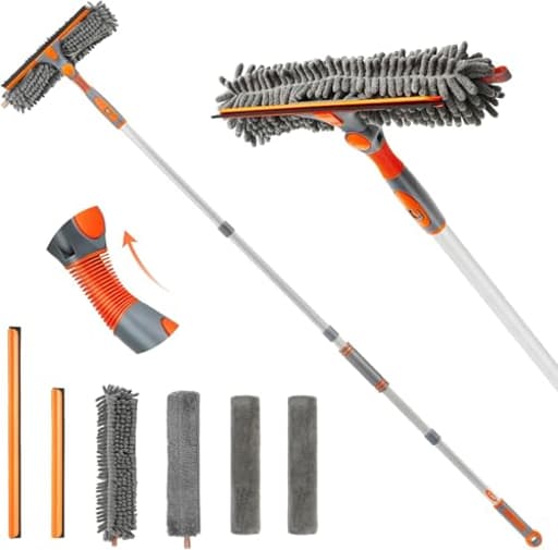 Squeegee Window Cleaner Tool 2 in 1 Rotatable Window Cleaning Squeegee Kit with Extension Pole, 62'' Window Washing Kit, Bendable Head for Home Car Glass - 4 Pads