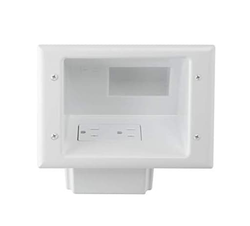 45-0071-WH Recessed Low Voltage Cable Plate with Built-In Duplex Receptacle Outlet, Easy To Install - Ideal for Home Theater, TV & Power Cable Management, Mid-Size, White