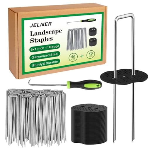 Garden Stakes,6 Inch 11 Gauge 50pcs Galvanized Landscape Staples + 50pcs Gaskets + 1Pick Hook,Tent Stakes Landscaping Fabric SOD Pins for Weed Fabric Barrier,Groud Cover,Fence