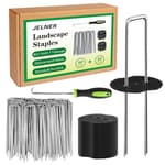 Garden Stakes,6 Inch 11 Gauge 50pcs Galvanized Landscape Staples + 50pcs Gaskets + 1Pick Hook,Tent Stakes Landscaping Fabric SOD Pins for Weed Fabric Barrier,Groud Cover,Fence