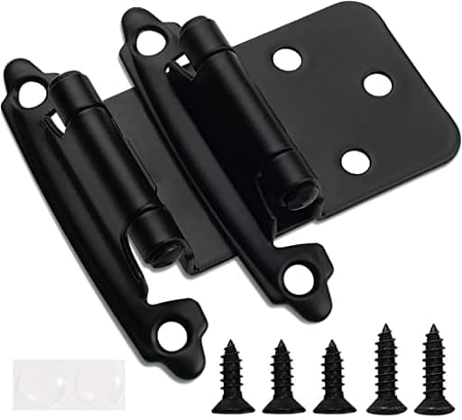 1/2" Overlay Matte Black Cabinet Hinges 50 Pack (25 Pair) Self Closing Bath & Kitchen Cabinet Hinges Black Flush Mount w/Door Bumpers & Upgraded Screws